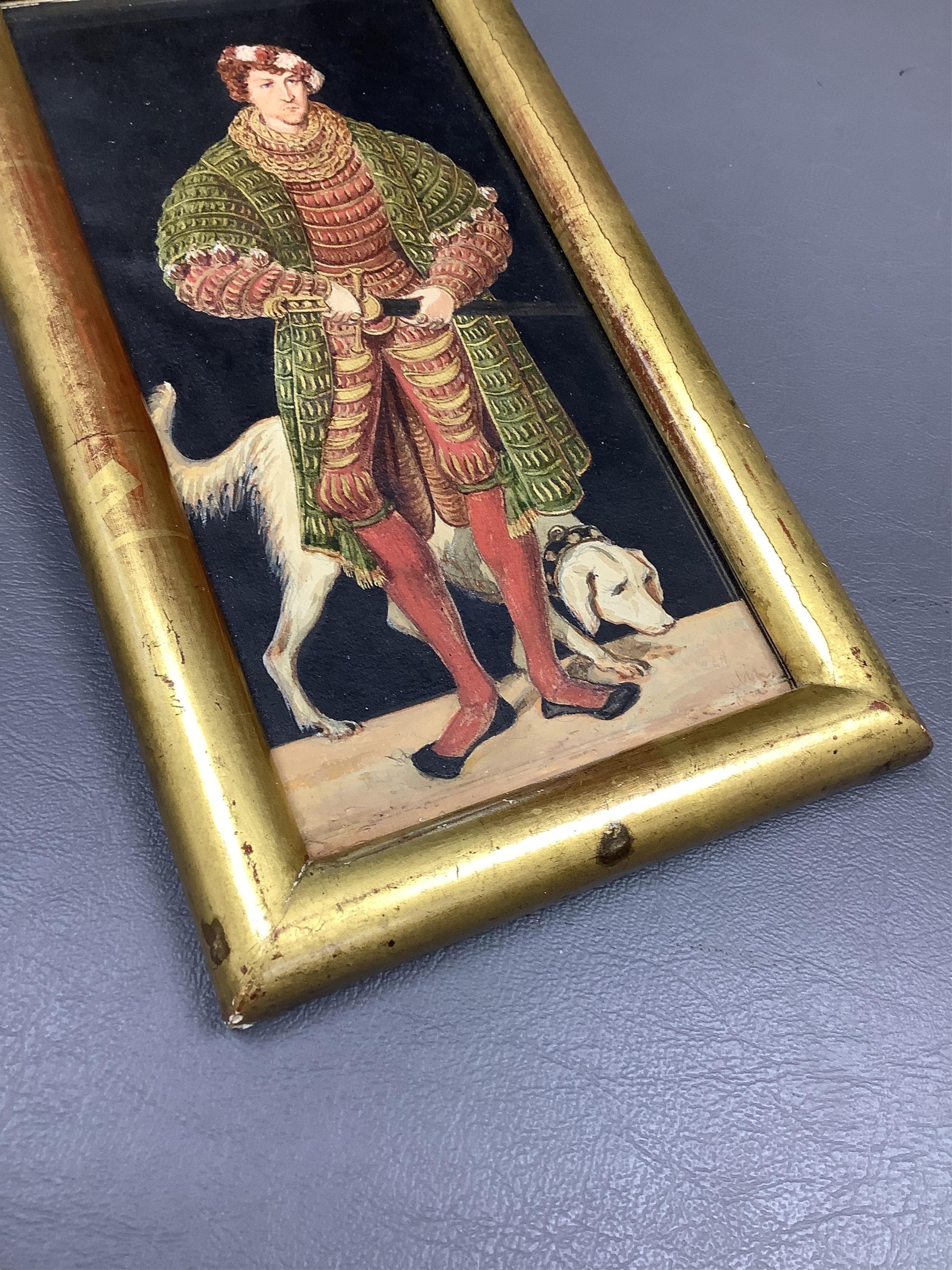 After Lucas Cranach the Elder (German, 1472-1553), portraits of Henry IV, The Pious Duke of Saxony and Duchess Katharina Von Mecklenburg, pair of 19th century gouaches, unsigned, 19 x 9cm, gilt framed